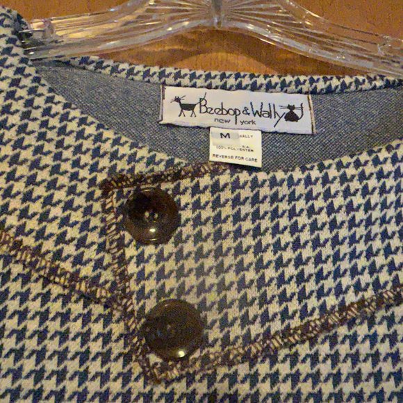 BEEBOP & WALLY Sz M Blue & Tan Pattern 3/4 Sleeve Shift Dress with Pockets - Picture 5 of 7